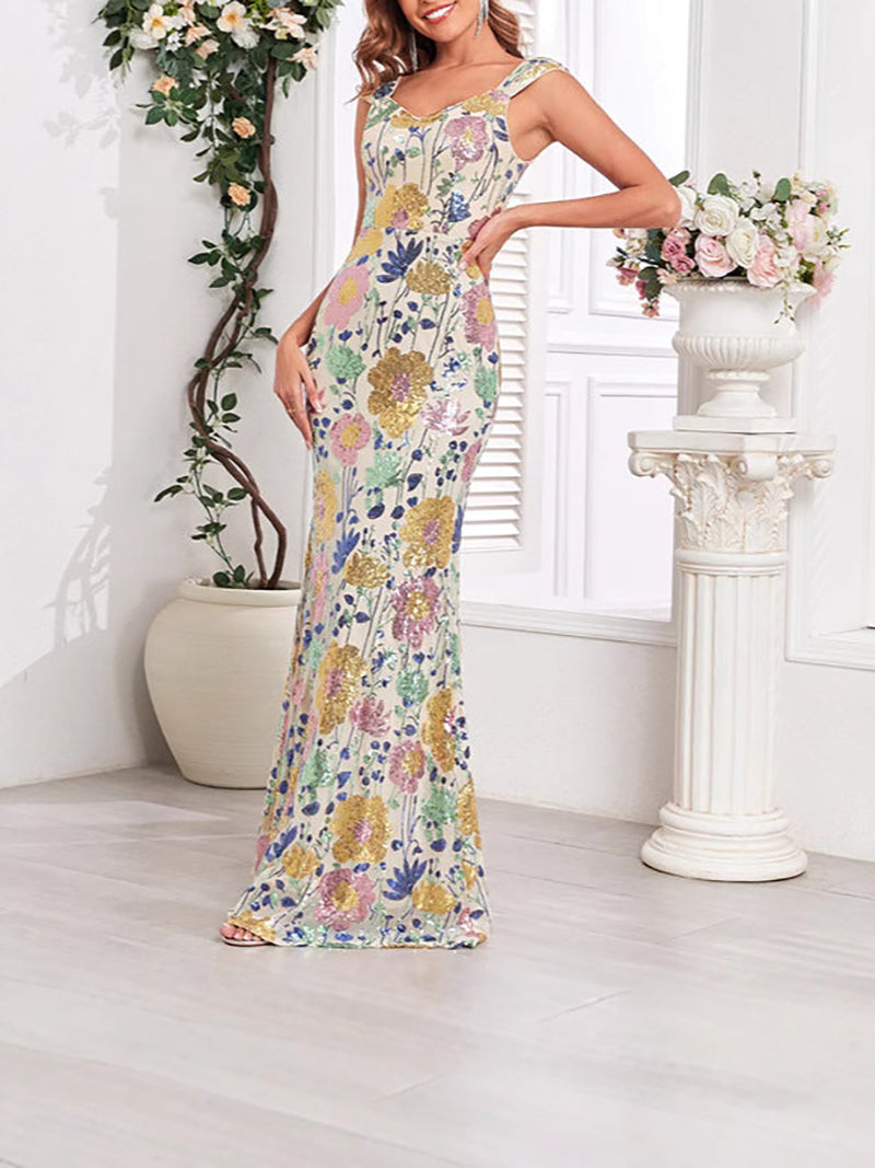 V Neck Sequin Embroidery Birthday Party Evening Dress