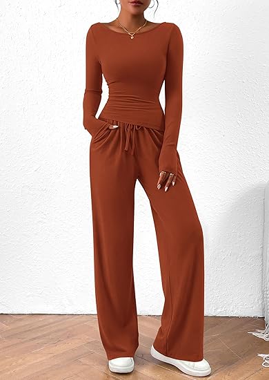 Women's 2 Piece Lounge Sets Asymmetrical Long Sleeve T Shirt Wide Leg Pants Casual Outfits Tracksuit