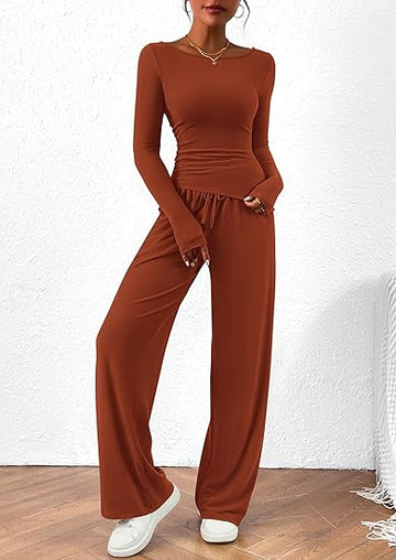 Women's 2 Piece Lounge Sets Asymmetrical Long Sleeve T Shirt Wide Leg Pants Casual Outfits Tracksuit
