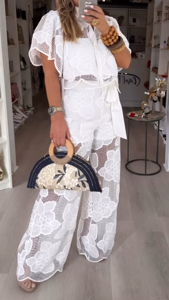 Women's Lapel Top + Trousers Hollow Casual Suit