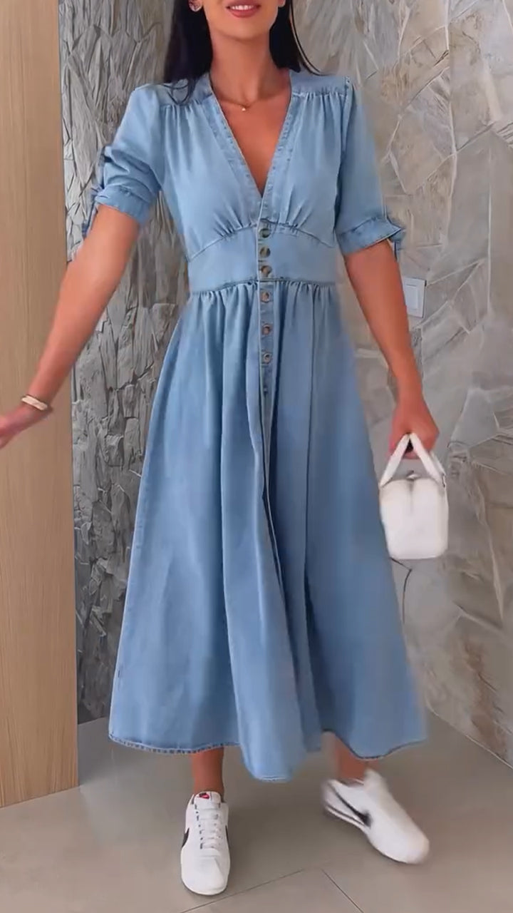 Women's V-neck Button Casual Dress