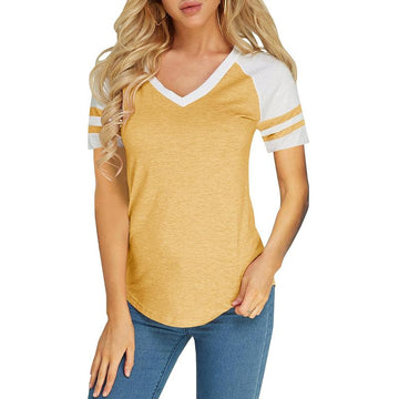 Womens Summer Casual Baseball Raglan Color Block T Shirts V neck Tops