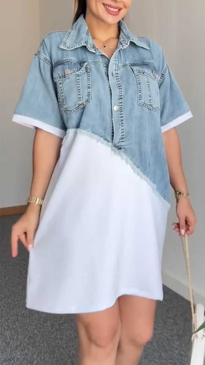 Women's Lapel Denim Patchwork Casual Dress