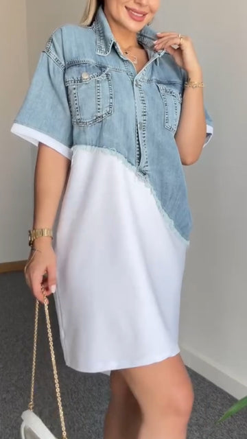 Women's Lapel Denim Patchwork Casual Dress