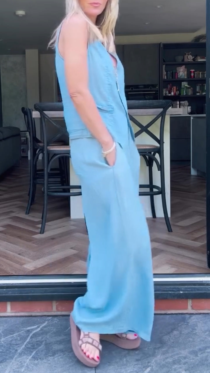 V-neck Sleeveless Casual Tencel Denim Suit