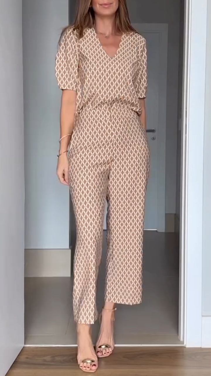 Women's V-neck Printed Casual Suit