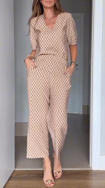 Women's V-neck Printed Casual Suit