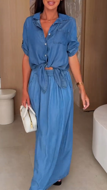 Ladies' Collar Top+skirt Casual Set