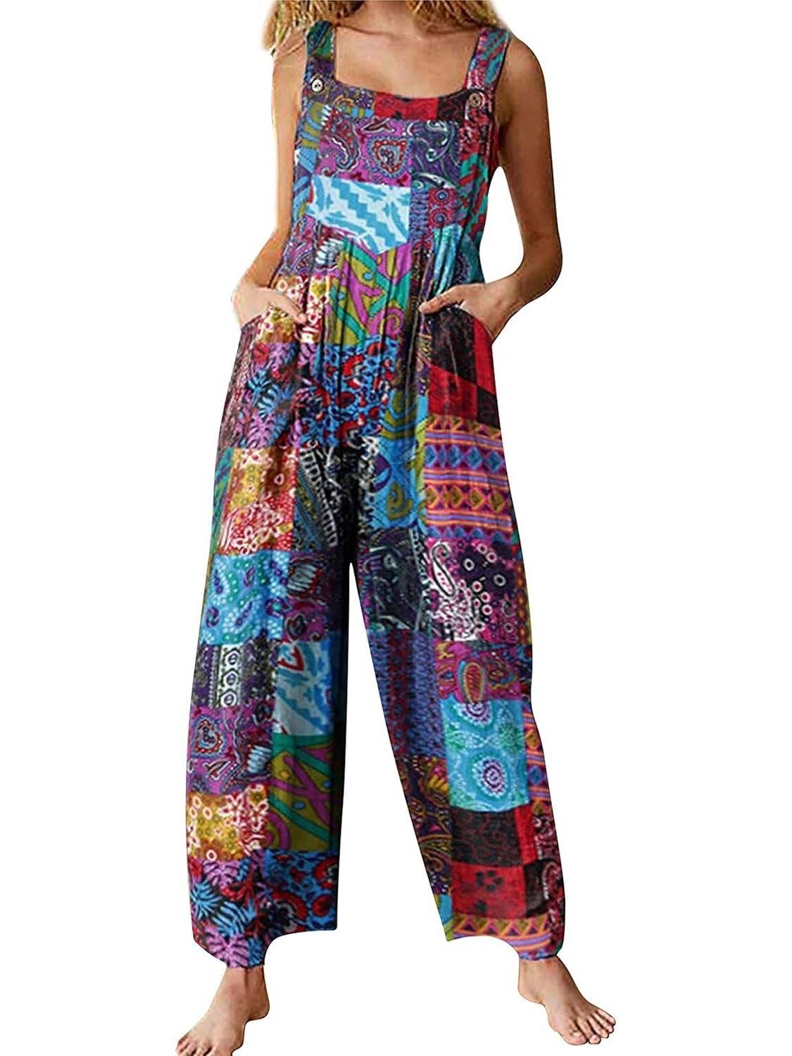 Overalls For Women Floral Boho Loose Fit Summer Wide Leg Jumpsuits