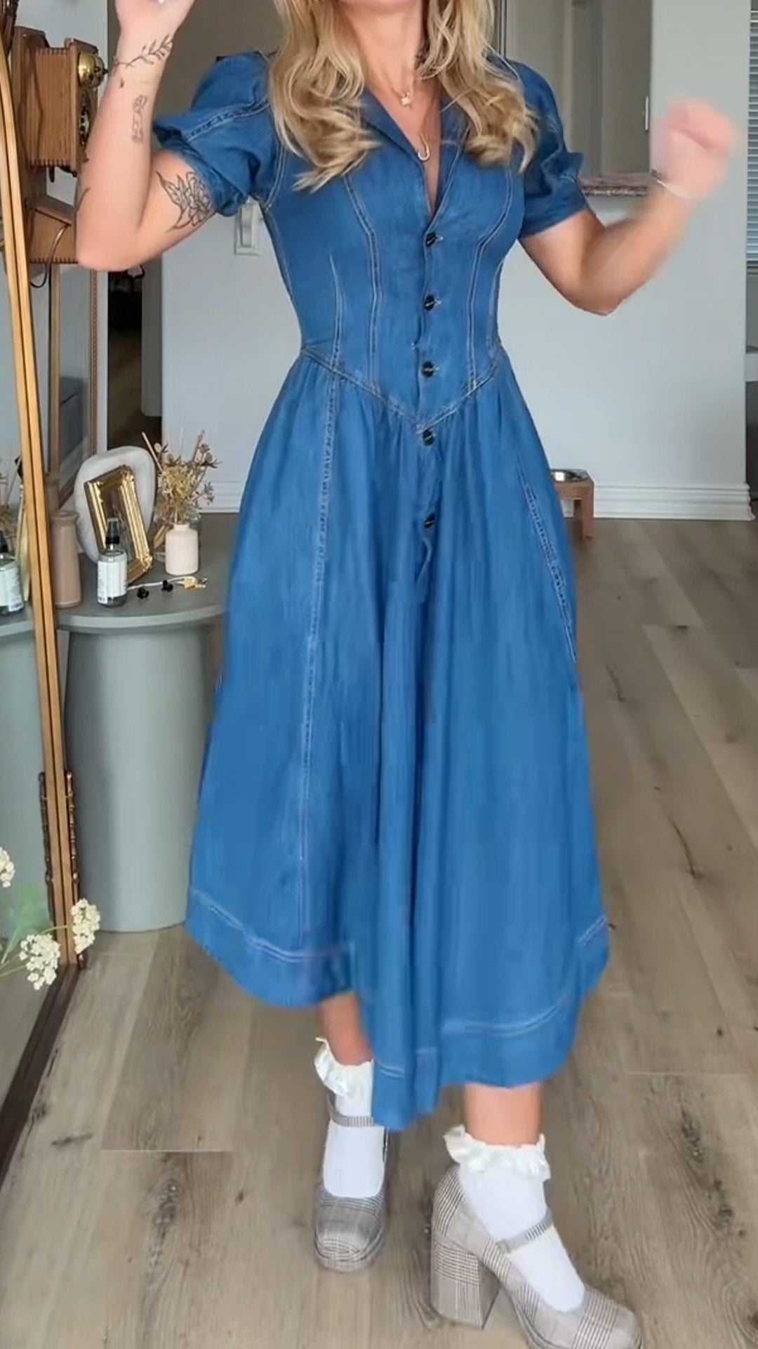 Ladies' Lapel Cowboy Patchwork Casual Dress