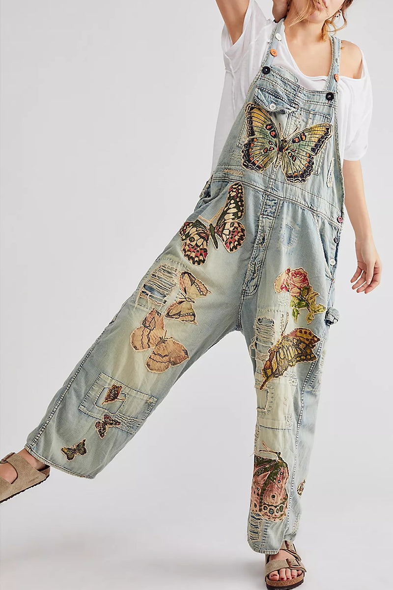 Women's Shoulder Strap Butterfly Print Casual Jumpsuit