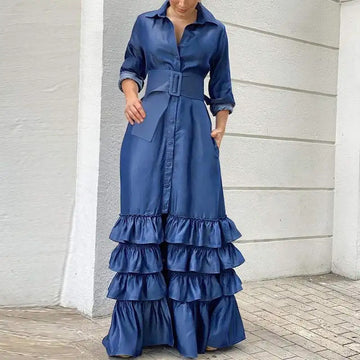 Fashion Casual Solid Color Lapel Long Sleeve Belt Maxi Dress