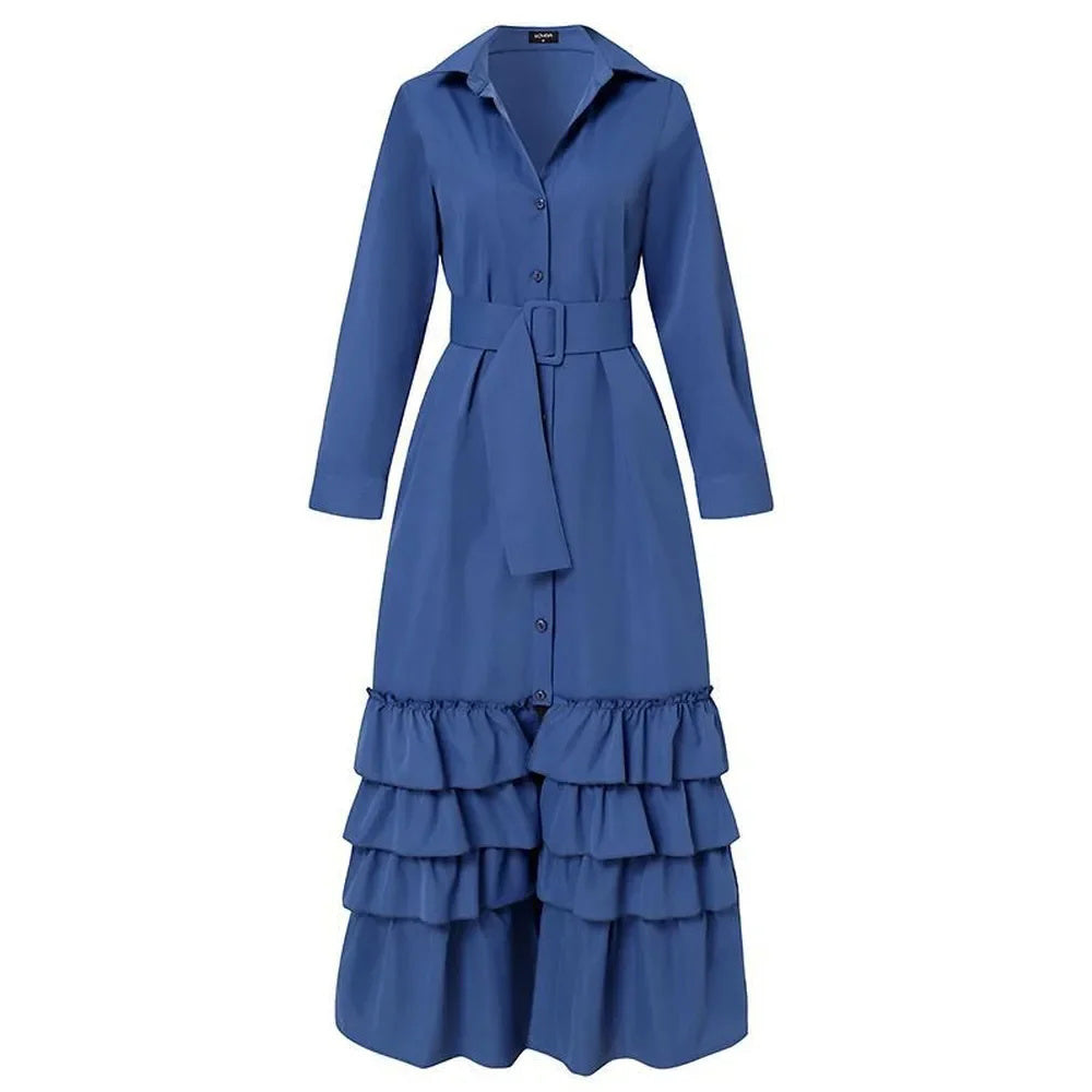 Fashion Casual Solid Color Lapel Long Sleeve Belt Maxi Dress