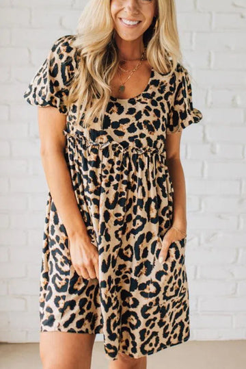 Leopard Tie Back Puff Sleeve Dress