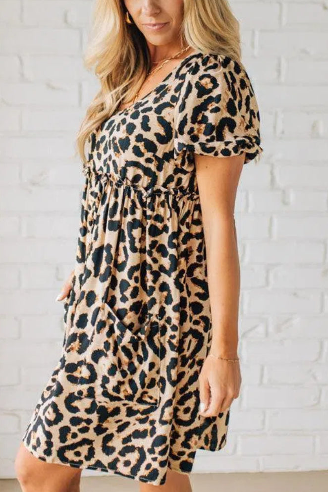 Leopard Tie Back Puff Sleeve Dress