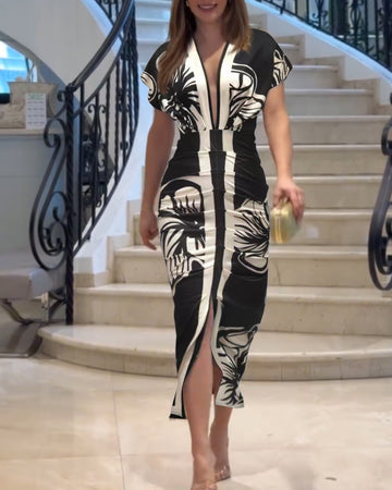 Womens Floral Print V Neck  Ruched Dress Casual Waist Slit Maxi Dress