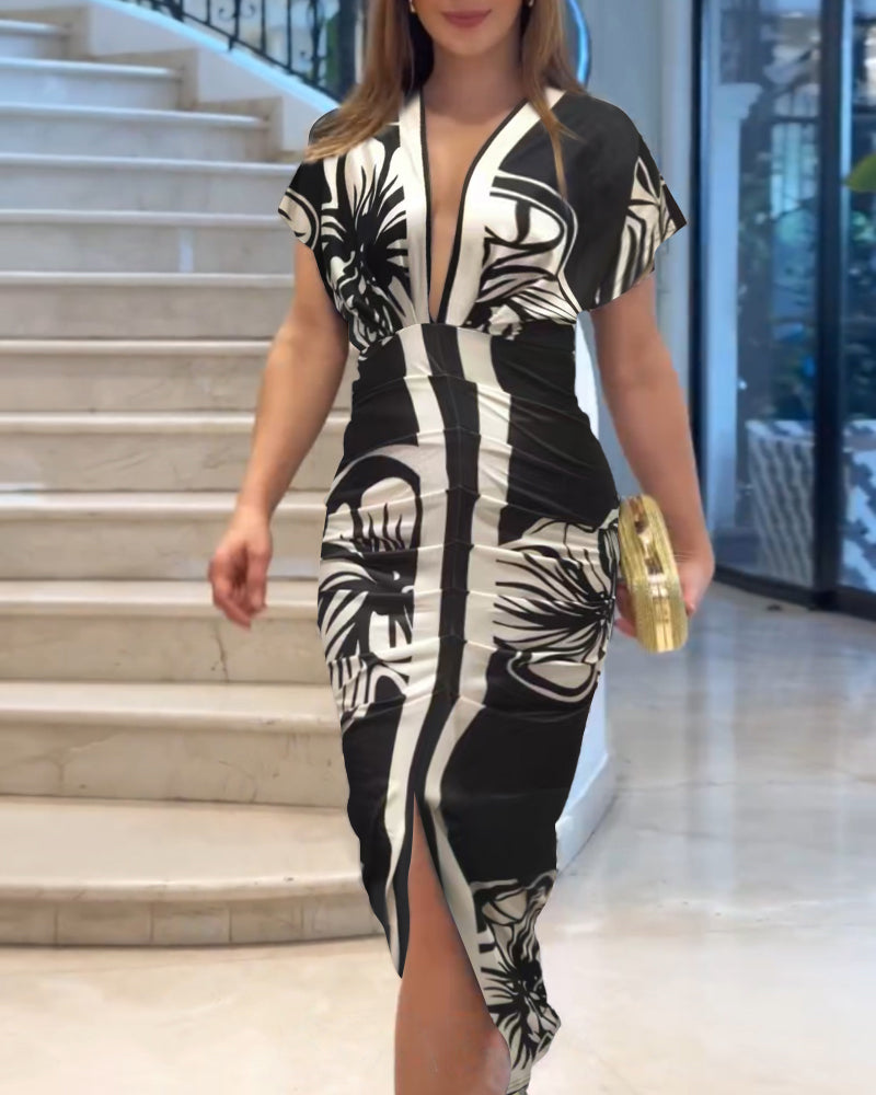 Womens Floral Print V Neck  Ruched Dress Casual Waist Slit Maxi Dress