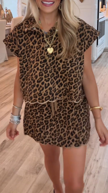 Ladies' Collar Leopard Print Casual Suit