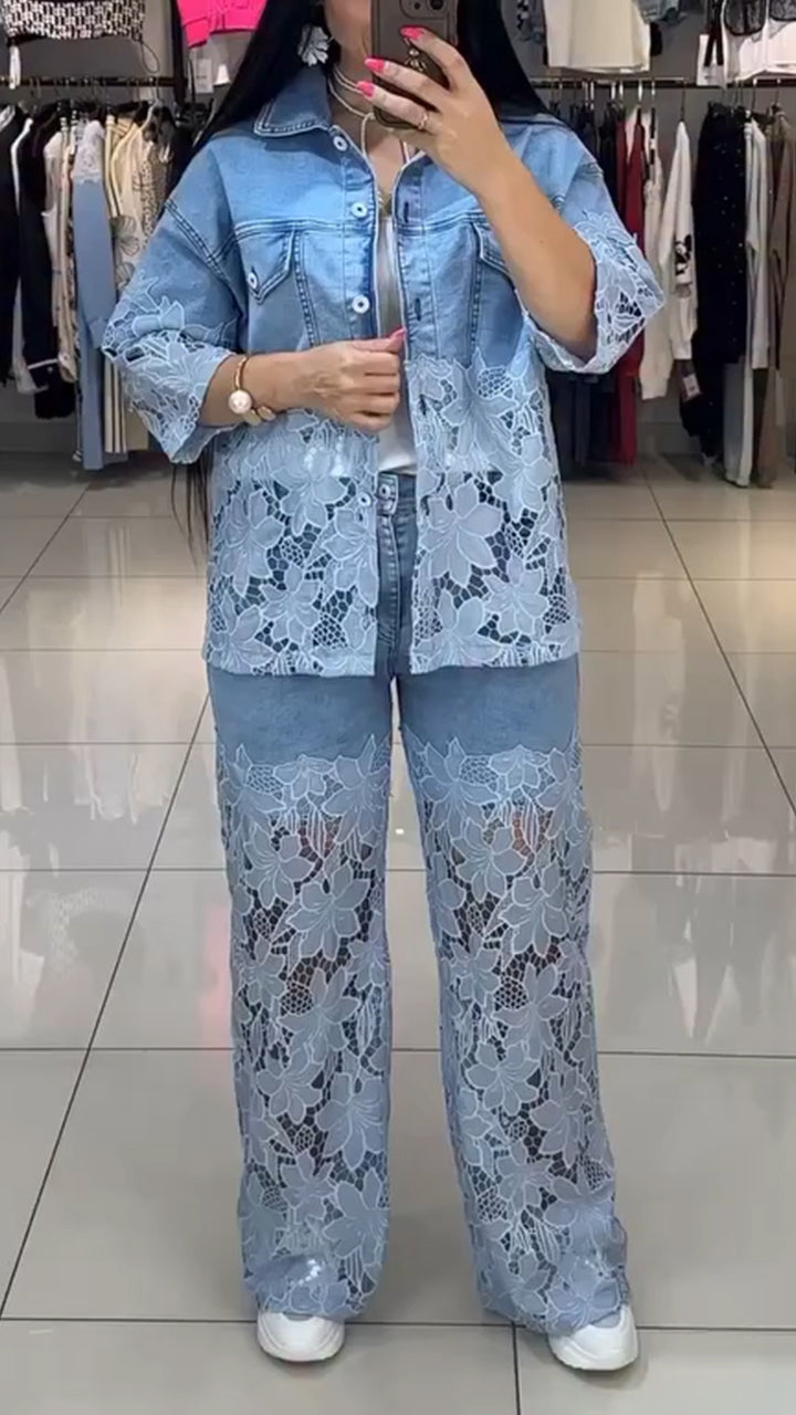 Ladies' Lapel Print Hollow Splicing Casual Set