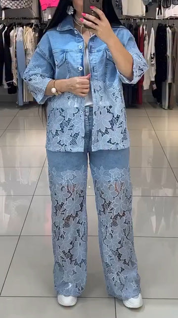 Ladies' Lapel Print Hollow Splicing Casual Set