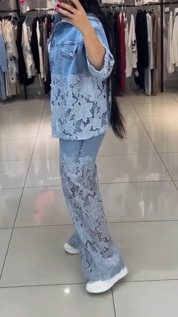 Ladies' Lapel Print Hollow Splicing Casual Set