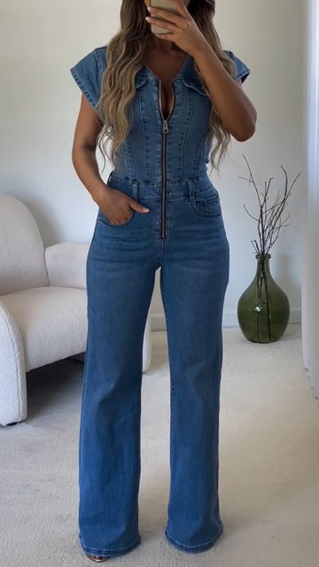 Women's Round Neck Zipper Denim Casual Jumpsuit