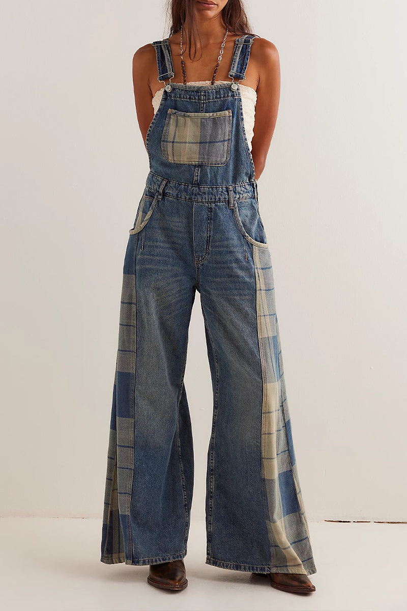 Women's Strap Patchwork Plaid Casual Jumpsuit