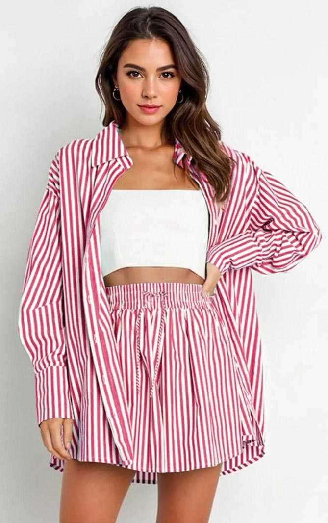 Women's Striped Print Co-ord Two-piece Casual Matching Set