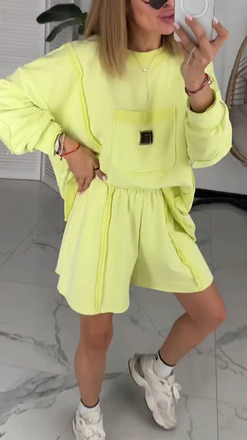 Ladies' Round Neck Patchwork Pocket Top+ Shorts Casual Set