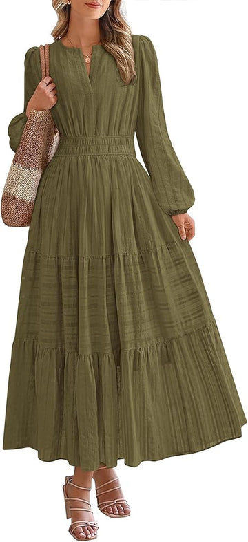 Women Casual Long Sleeve V Neck Elastic Pocket Dress