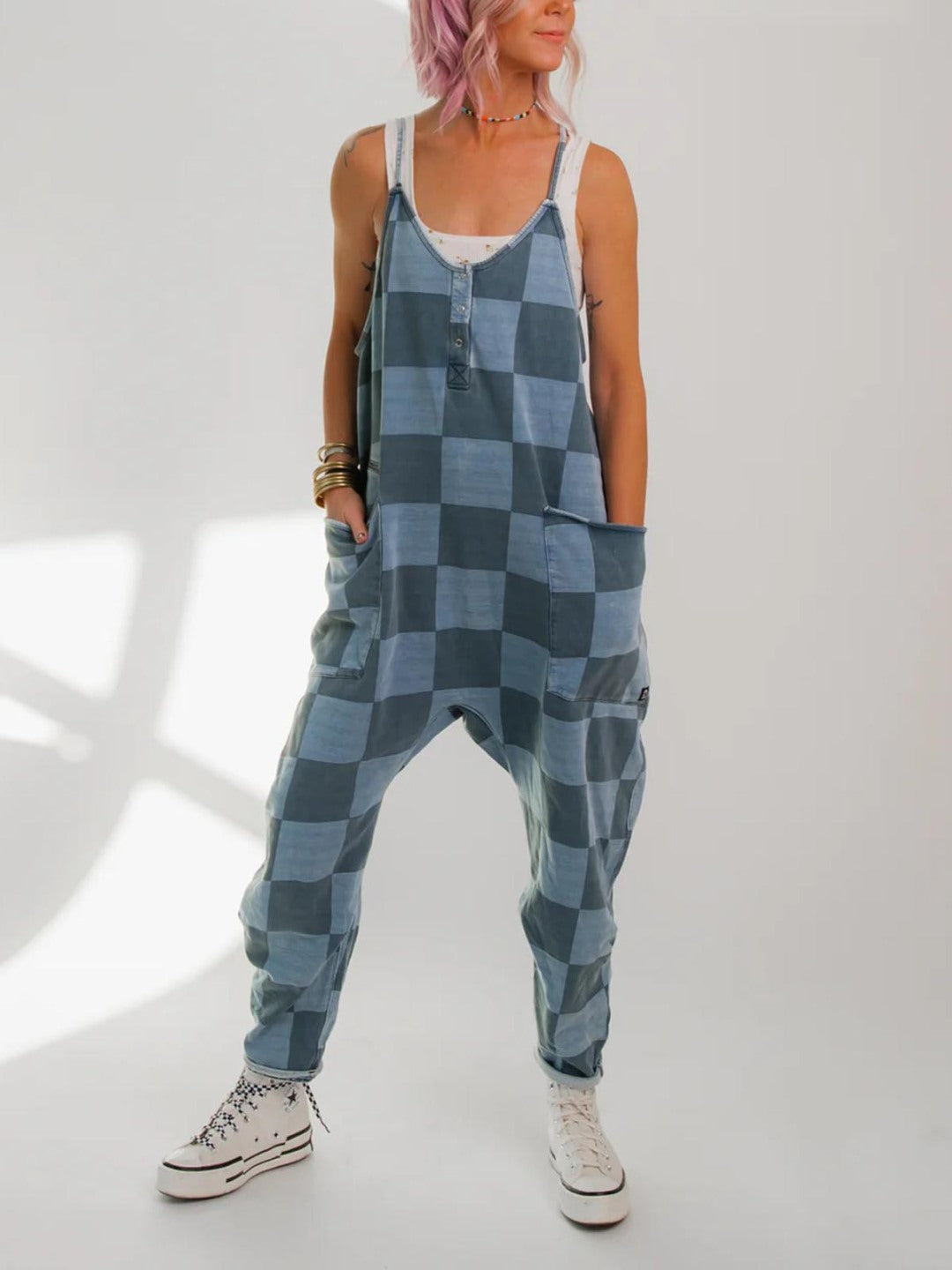 Women's Button Neck Suspender Jumpsuit Casual Overalls