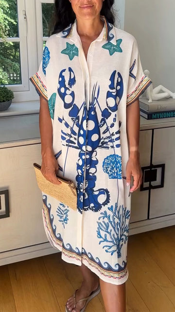 Ladies' Lapel Printed Loose Casual Dress
