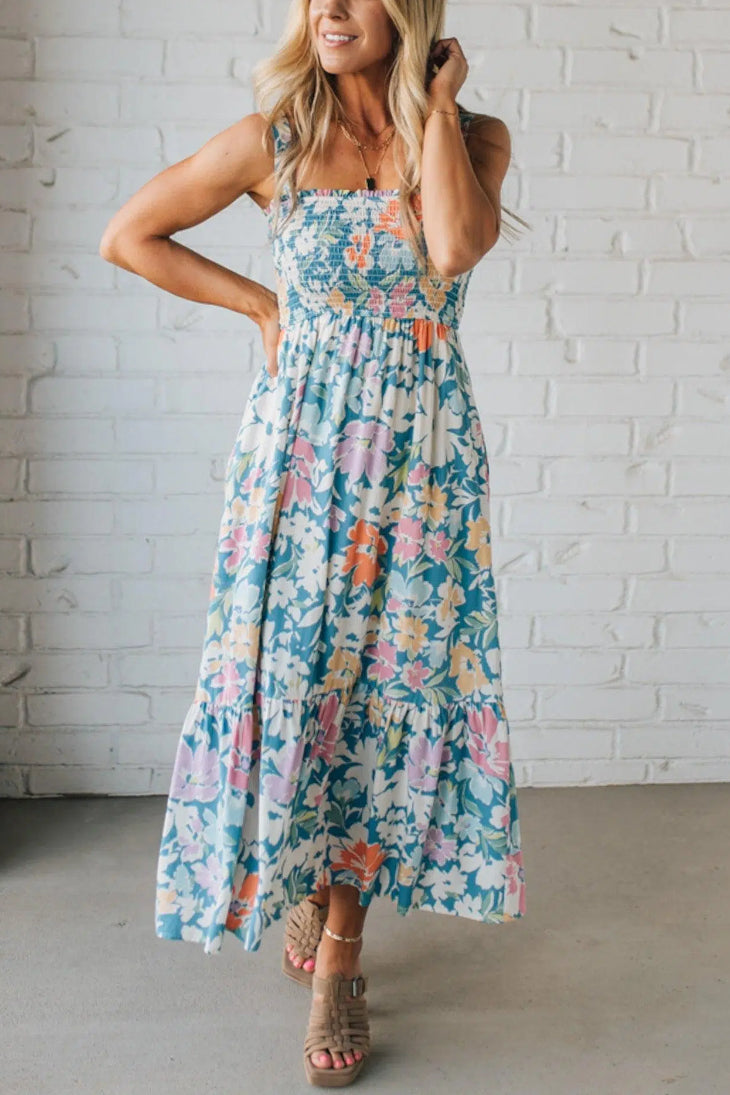 Tapered Strap Floral Midi Dress