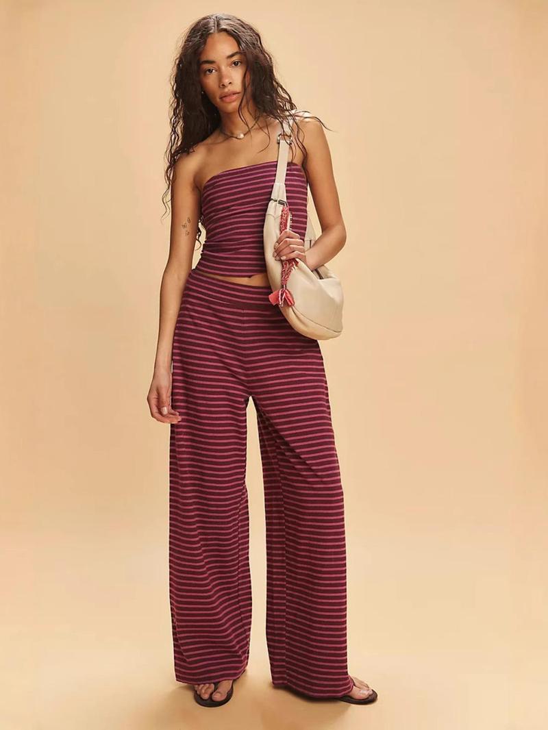 Women's Striped Print Crop Tube Top & Wide Leg Pants Set