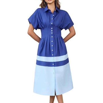 Womens Summer Button Down Shirt Dress Casual Color Block V Neck Short Sleeve