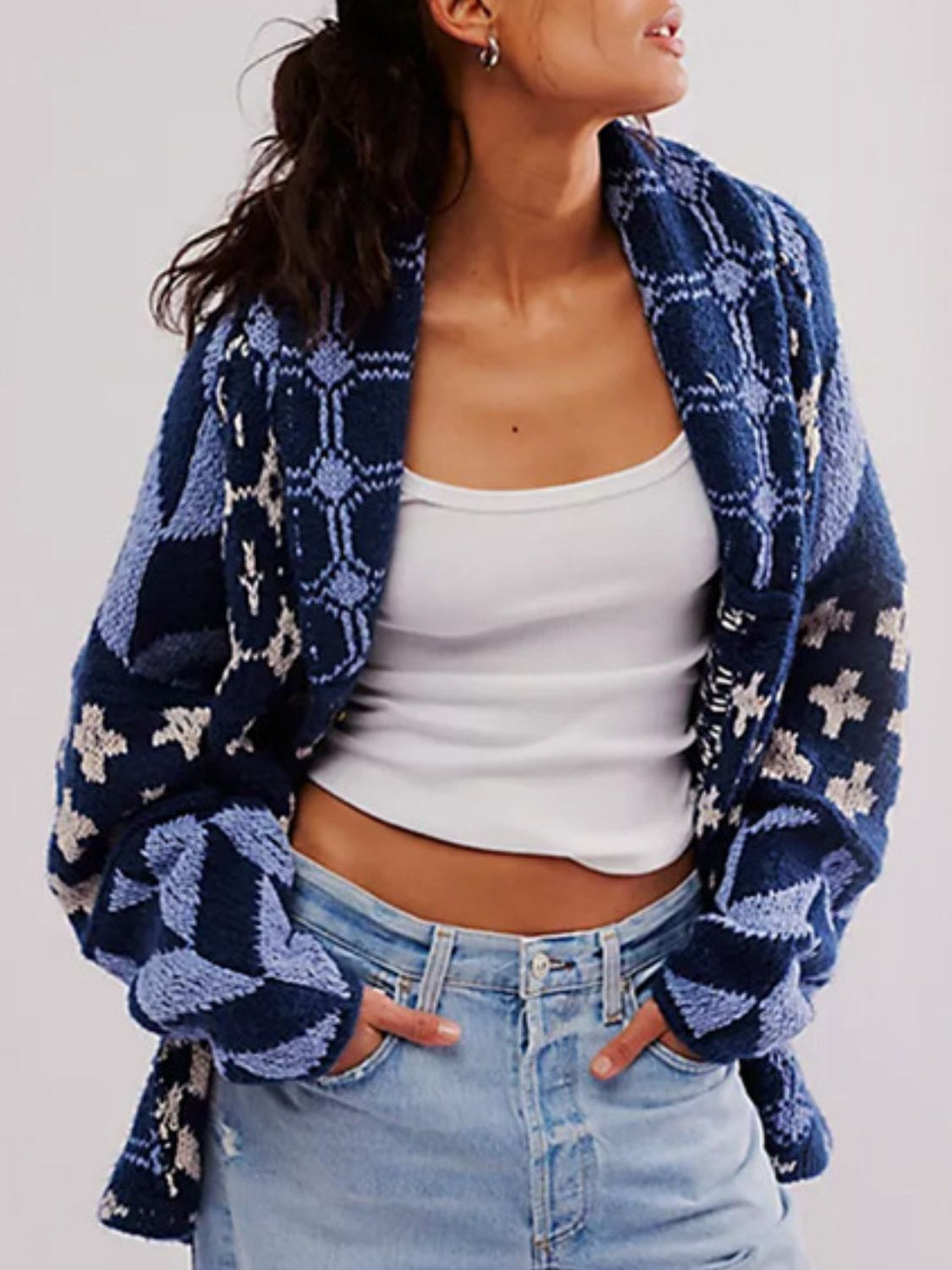 Women Y2K Abstract Print Lapel Loose Long-Sleeved Knitted Sweater