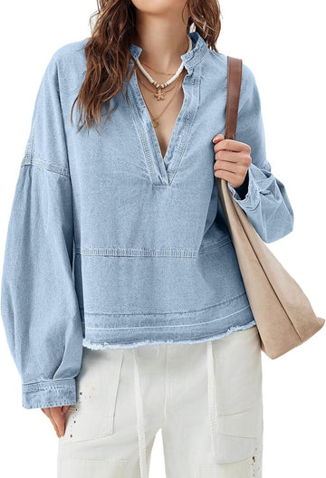 Pullover Trendy Casual V Neck Loose Fit Puff Sleeve Jean Cotton Shirts
