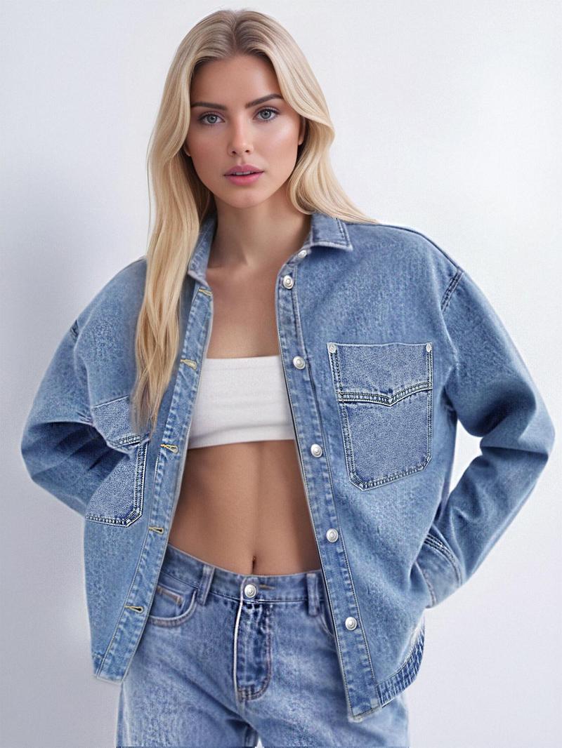 Womens Denim Jacket Wash Jean Jacket Coats With Pockets
