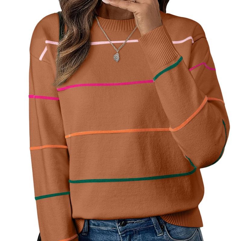 Women's Striped Sweater Cozy Soft Ribbed Knit Crew Neck Long Sleeve