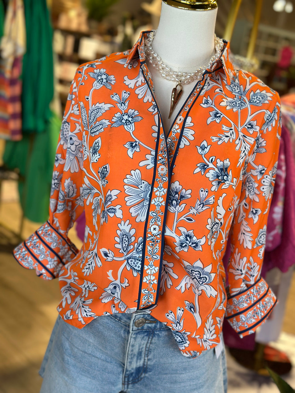 Women 3/4 Sleeve Vintage Floral Print Lapel Shirt