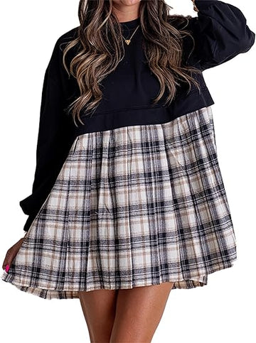 Women's Patchwork Plaid Round Neck Pullover Long Sleeve Short Skirt