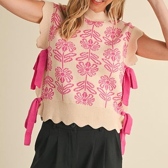 Women's Floral Side Tie Cap Sleeve Crew Neck Knit Vest