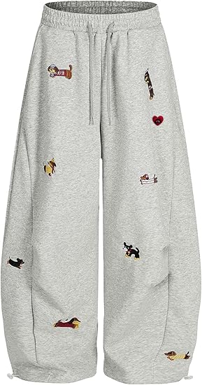Embroidered puppy loose bucket casual elastic drawstring wide-leg sweatpants