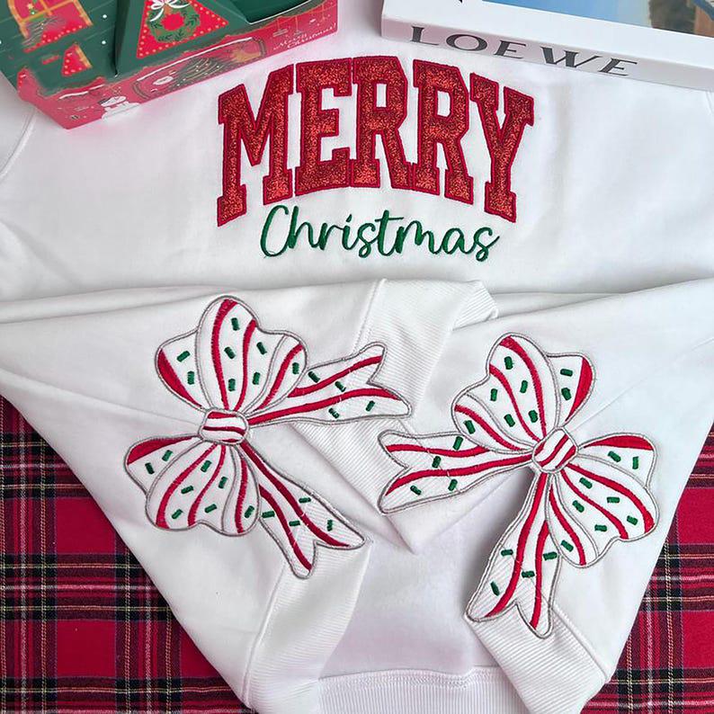 Merry Christmas Side Bow Embroidered Sweatshirt