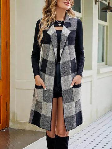 Plaid Open Front Sleeveless Cardigan with Pockets