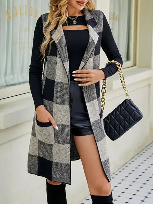 Plaid Open Front Sleeveless Cardigan with Pockets