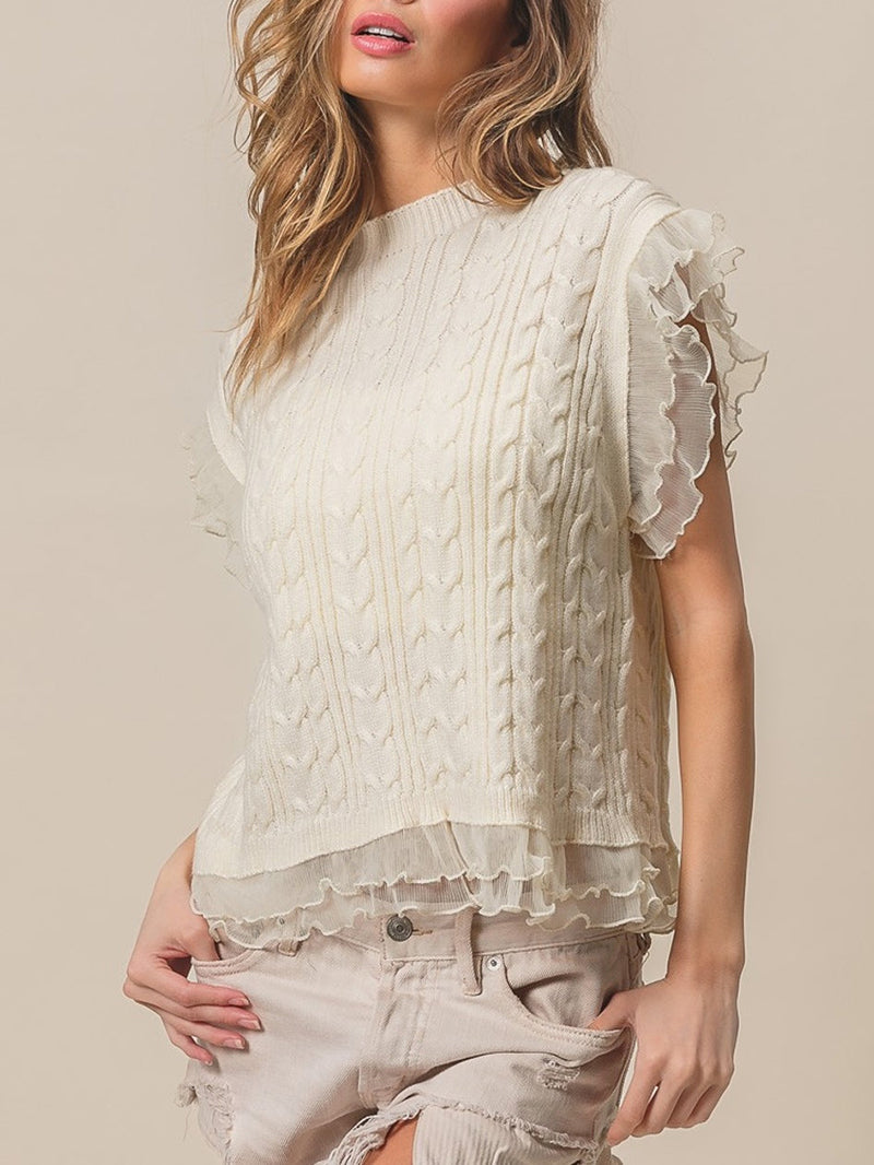 Layered Pleat Chiffon Edge Cable Knit Top