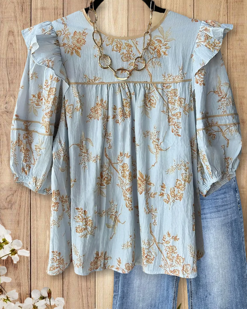 Floral Print Playful Ruffled Shoulder Babydoll T-Shirt