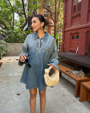 Front Zipper Denim Mini Dress