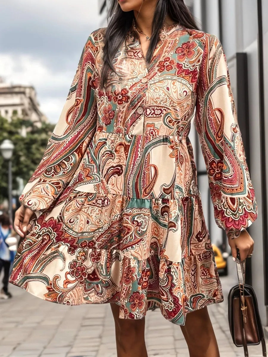 Bohemian Cashew Print Long-Sleeved Dress